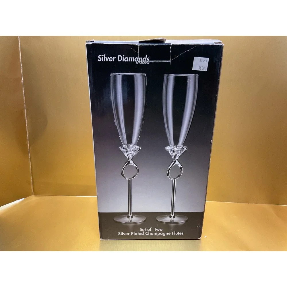 Godinger Silver Diamonds Champagne Flutes Set of 2 Silver Plated Ring Stem 6706